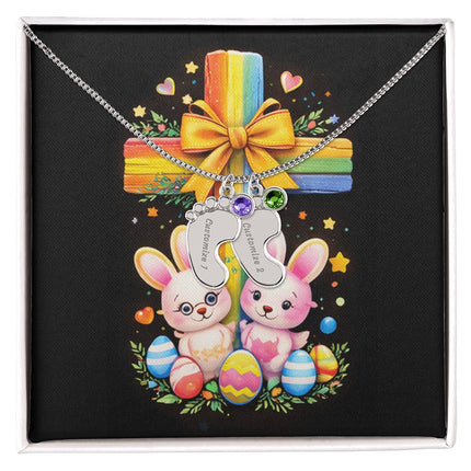 Rainbow Cross Bunnies | Christian Baby Feet Necklace with Birthstone | Gift for Kids