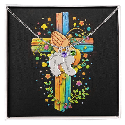Rainbow Cross Praying Hands | Christian Baby Feet Necklace with Birthstone | Gift for Kids