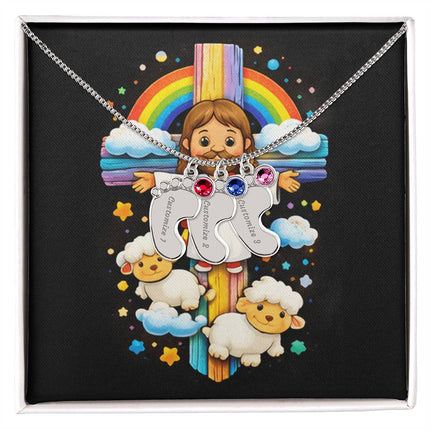 Rainbow Cross Jesus And Lamb | Christian Baby Feet Necklace with Birthstone | Gift for Kids