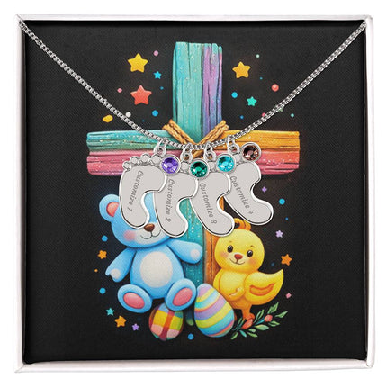 Rainbow Cross Teddy Bear | Christian Baby Feet Necklace with Birthstone | Gift for Kids
