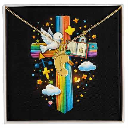 Rainbow Cross Open Bible | Christian Baby Feet Necklace with Birthstone | Gift for Kids