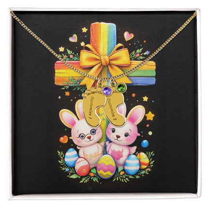 Rainbow Cross Bunnies | Christian Baby Feet Necklace with Birthstone | Gift for Kids