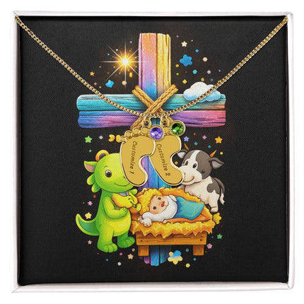 Rainbow Cross Frog And Cow | Christian Baby Feet Necklace with Birthstone | Gift for Kids