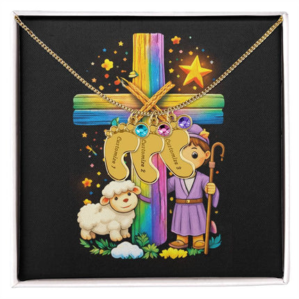 Rainbow Cross Little Shepherd | Christian Baby Feet Necklace with Birthstone | Gift for Kids