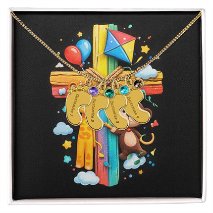 Rainbow Cross Jungle Animals | Christian Baby Feet Necklace with Birthstone | Gift for Kids