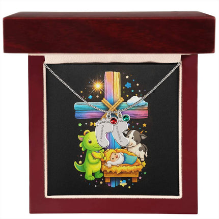 Rainbow Cross Frog And Cow | Christian Baby Feet Necklace with Birthstone | Gift for Kids