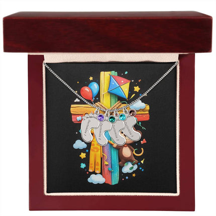 Rainbow Cross Jungle Animals | Christian Baby Feet Necklace with Birthstone | Gift for Kids