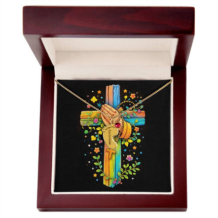 Rainbow Cross Praying Hands | Christian Baby Feet Necklace with Birthstone | Gift for Kids