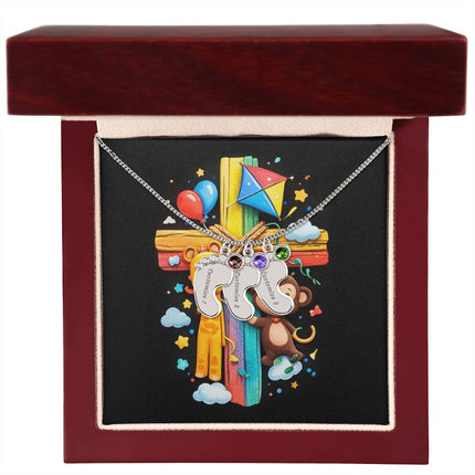 Rainbow Cross Jungle Animals | Christian Baby Feet Necklace with Birthstone | Gift for Kids