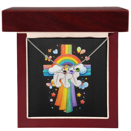 Rainbow Cross Butterfly | Christian Baby Feet Necklace with Birthstone | Gift for Kids