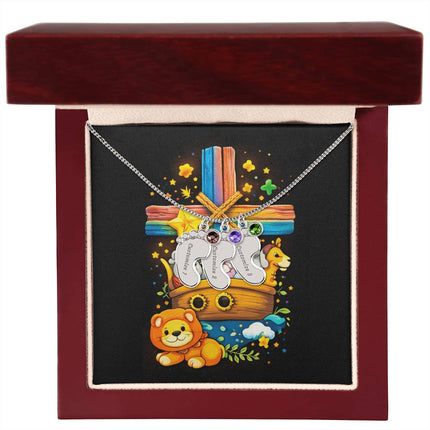 Rainbow Cross Noahs Ark | Christian Baby Feet Necklace with Birthstone | Gift for Kids