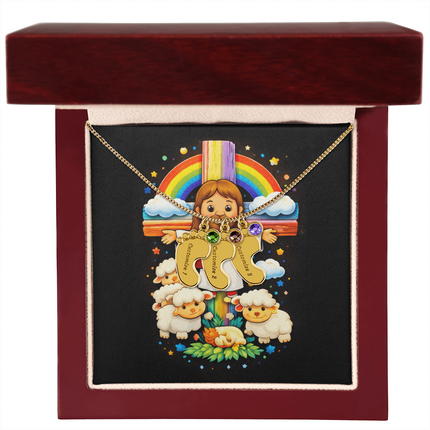 Jesus And Little Lambs | Christian Baby Feet Necklace with Birthstone | Gift for Kids