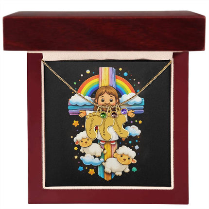 Rainbow Cross Jesus And Lamb | Christian Baby Feet Necklace with Birthstone | Gift for Kids