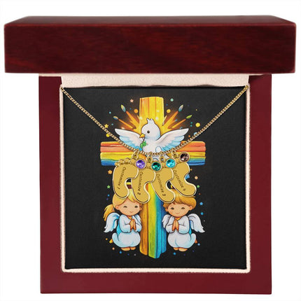 Rainbow Cross Angels And Dove | Christian Baby Feet Necklace with Birthstone | Gift for Kids