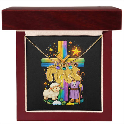 Rainbow Cross Little Shepherd | Christian Baby Feet Necklace with Birthstone | Gift for Kids