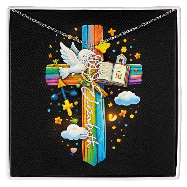 Rainbow Cross Open Bible | Personalized Christian Flower Name Necklace | Gift for Kids