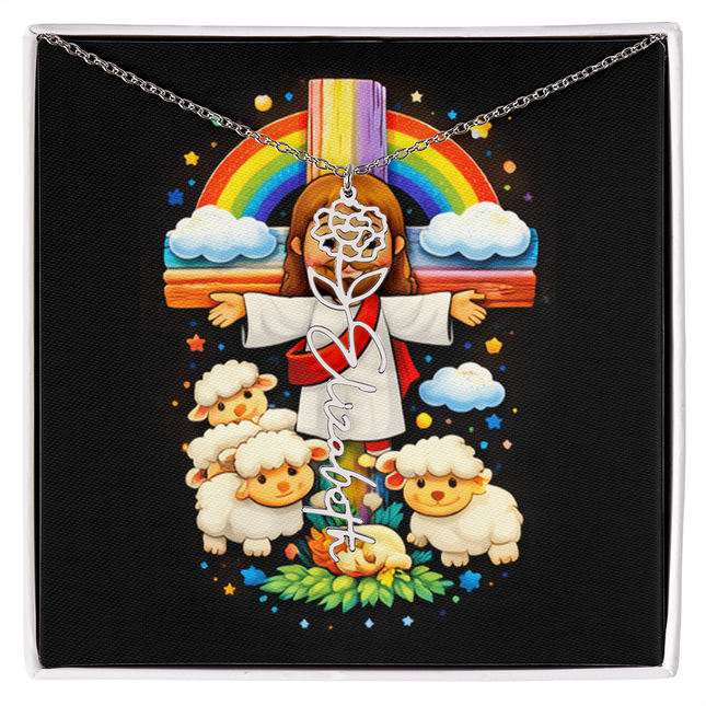 Rainbow Cross Cherub Angels | Christian Flower Name Necklace | Gift for Kids