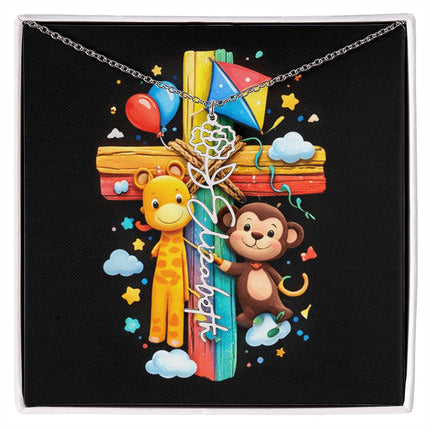Rainbow Cross Jungle Animals | Personalized Christian Flower Name Necklace | Gift for Kids