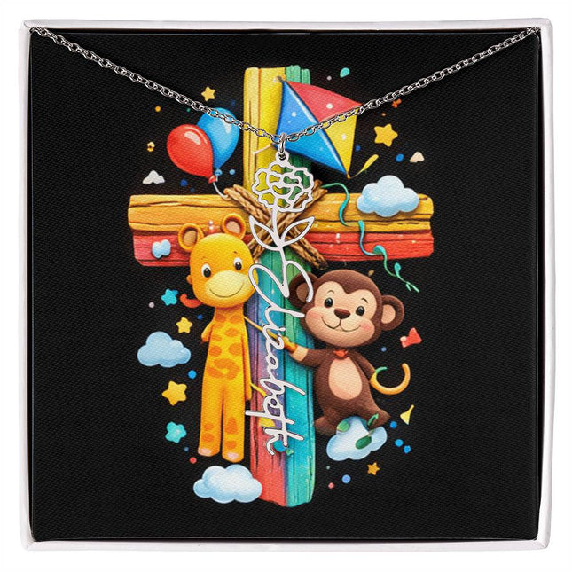 Rainbow Cross Jungle Animals | Personalized Christian Flower Name Necklace | Gift for Kids