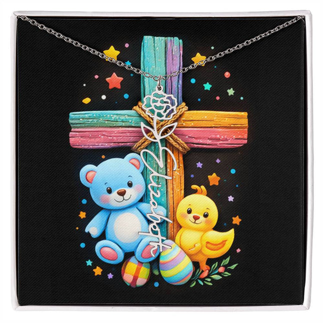 Rainbow Cross Teddy Bear | Personalized Christian Flower Name Necklace | Gift for Kids