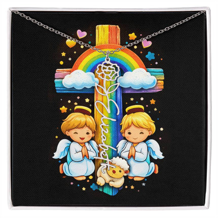 Rainbow Cross Cherub Angels | Personalized Christian Flower Name Necklace | Gift for Kids
