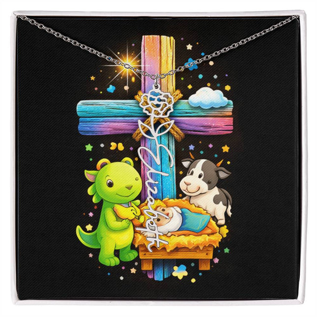Rainbow Cross Dino and Cow | Personalized Christian Flower Name Necklace | Gift for Kids