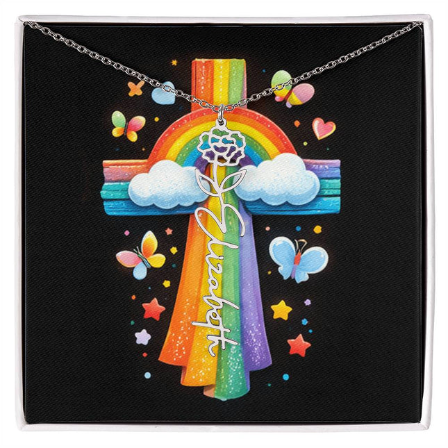 Rainbow Cross Butterfly | Personalized Christian Flower Name Necklace | Gift for Kids