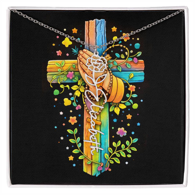 Rainbow Cross Praying Hands | Personalized Christian Flower Name Necklace | Gift for Kids