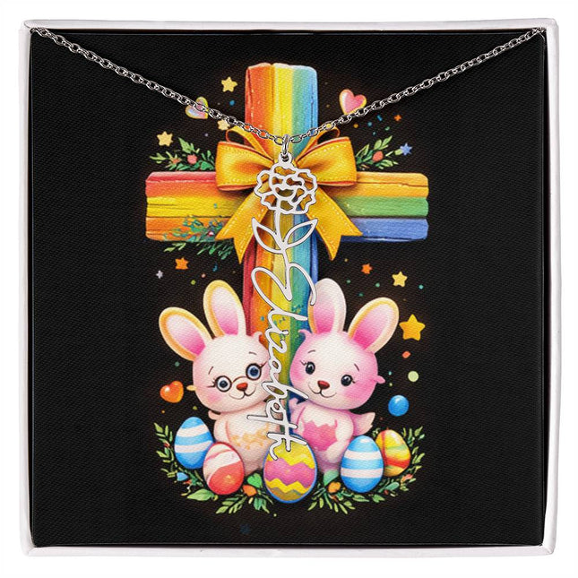 Rainbow Cross Bunnies | Personalized Christian Flower Name Necklace | Gift for Kids