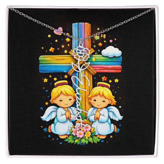 Rainbow Cross Angel Twins | Personalized Christian Flower Name Necklace | Gift for Kids