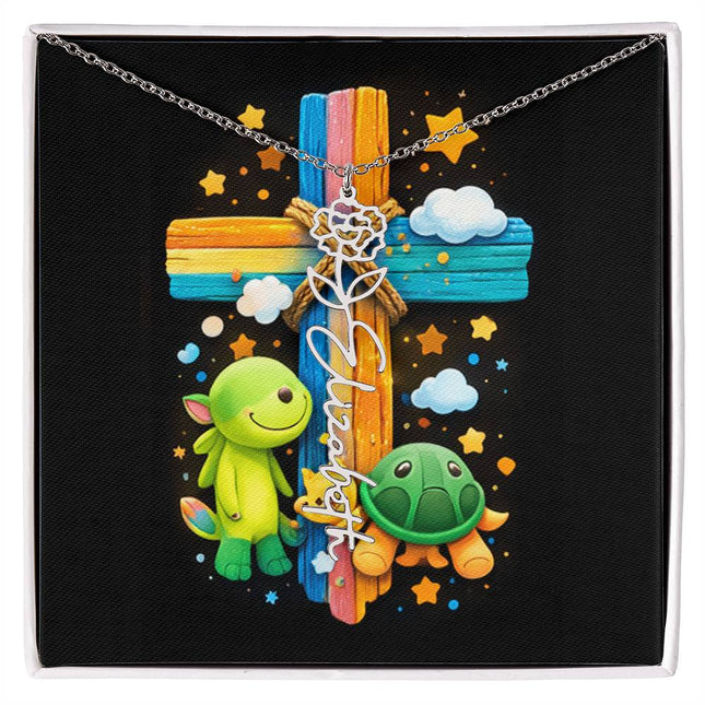 Rainbow Cross Turtle | Personalized Christian Flower Name Necklace | Gift for Kids