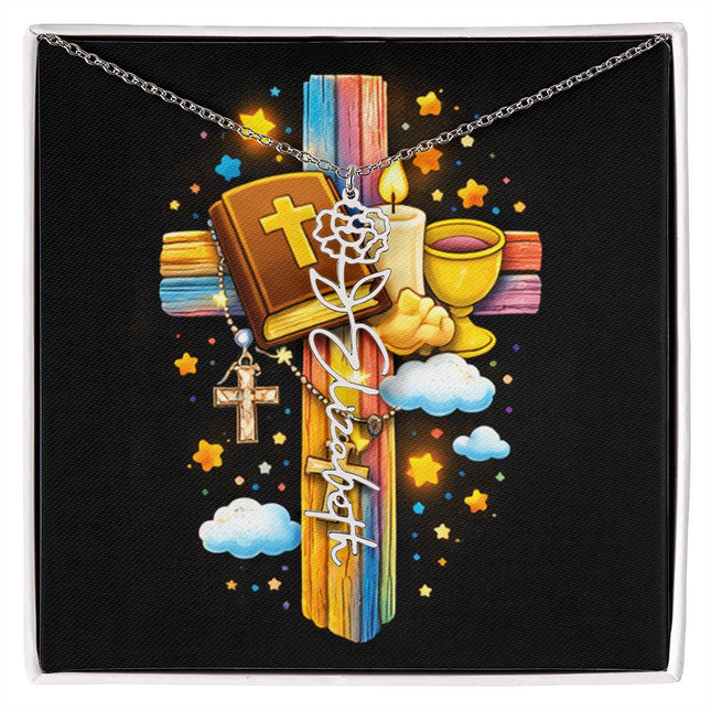 Rainbow Cross Bible and Cross | Personalized Christian Flower Name Necklace | Gift for Kids