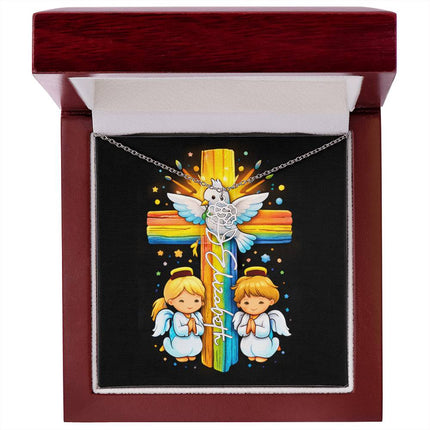 Rainbow Cross Angels and Dove | Personalized Christian Flower Name Necklace | Gift for Kids