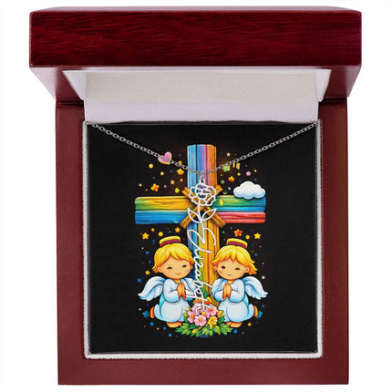 Rainbow Cross Angel Twins | Personalized Christian Flower Name Necklace | Gift for Kids