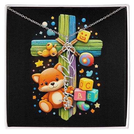 Rainbow Cross Little Fox | Personalized Christian Flower Name Necklace | Gift for Kids