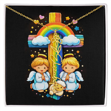 Rainbow Cross Cherub Angels | Personalized Christian Flower Name Necklace | Gift for Kids