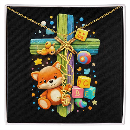 Rainbow Cross Little Fox | Personalized Christian Flower Name Necklace | Gift for Kids