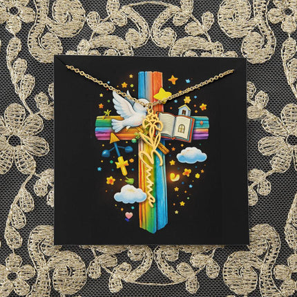 Rainbow Cross Open Bible | Personalized Christian Flower Name Necklace | Gift for Kids