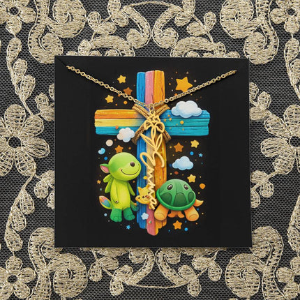 Rainbow Cross Turtle | Personalized Christian Flower Name Necklace | Gift for Kids