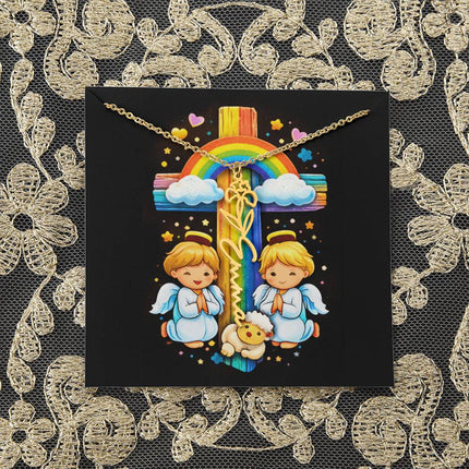 Rainbow Cross Cherub Angels | Personalized Christian Flower Name Necklace | Gift for Kids
