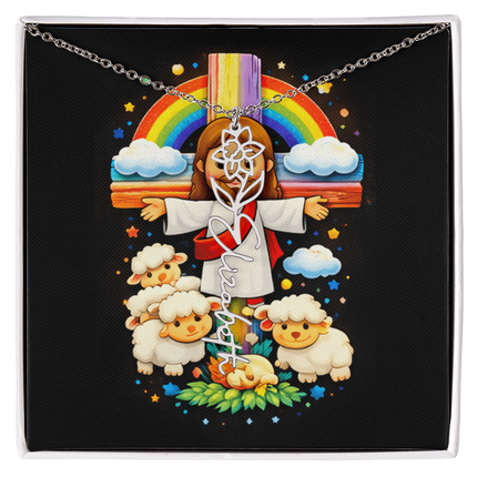 Rainbow Cross Cherub Angels | Christian Flower Name Necklace | Gift for Kids