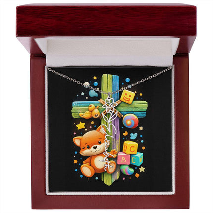 Rainbow Cross Little Fox | Personalized Christian Flower Name Necklace | Gift for Kids