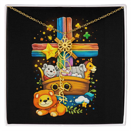 Rainbow Cross Noah's Ark | Personalized Christian Flower Name Necklace | Gift for Kids