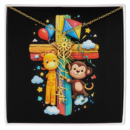 Rainbow Cross Jungle Animals | Personalized Christian Flower Name Necklace | Gift for Kids