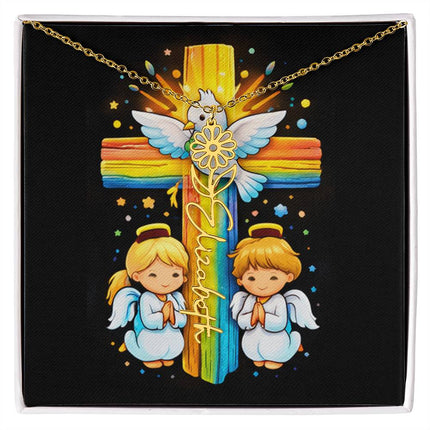 Rainbow Cross Angels and Dove | Personalized Christian Flower Name Necklace | Gift for Kids