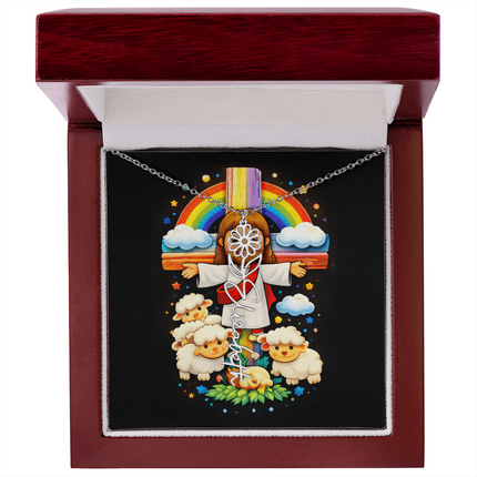 Rainbow Cross Cherub Angels | Christian Flower Name Necklace | Gift for Kids
