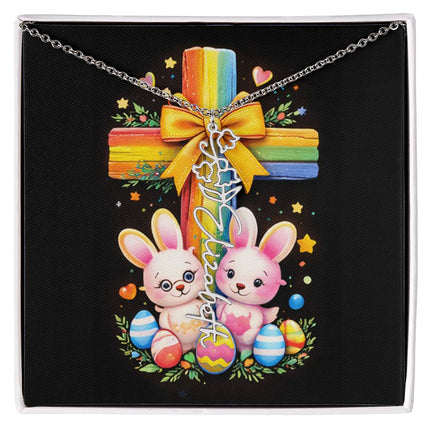Rainbow Cross Bunnies | Personalized Christian Flower Name Necklace | Gift for Kids