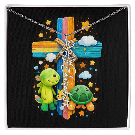 Rainbow Cross Turtle | Personalized Christian Flower Name Necklace | Gift for Kids