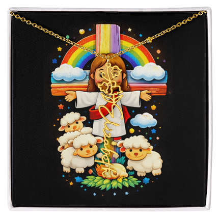 Rainbow Cross Cherub Angels | Christian Flower Name Necklace | Gift for Kids