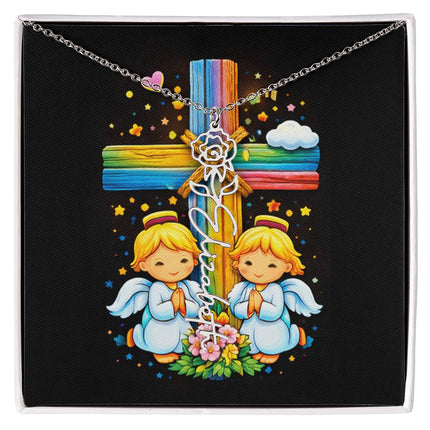 Rainbow Cross Angel Twins | Personalized Christian Flower Name Necklace | Gift for Kids